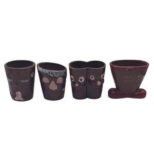Vintage Novelty Redware Pottery Face Shot Glasses Japan MCM Barware Set of 4